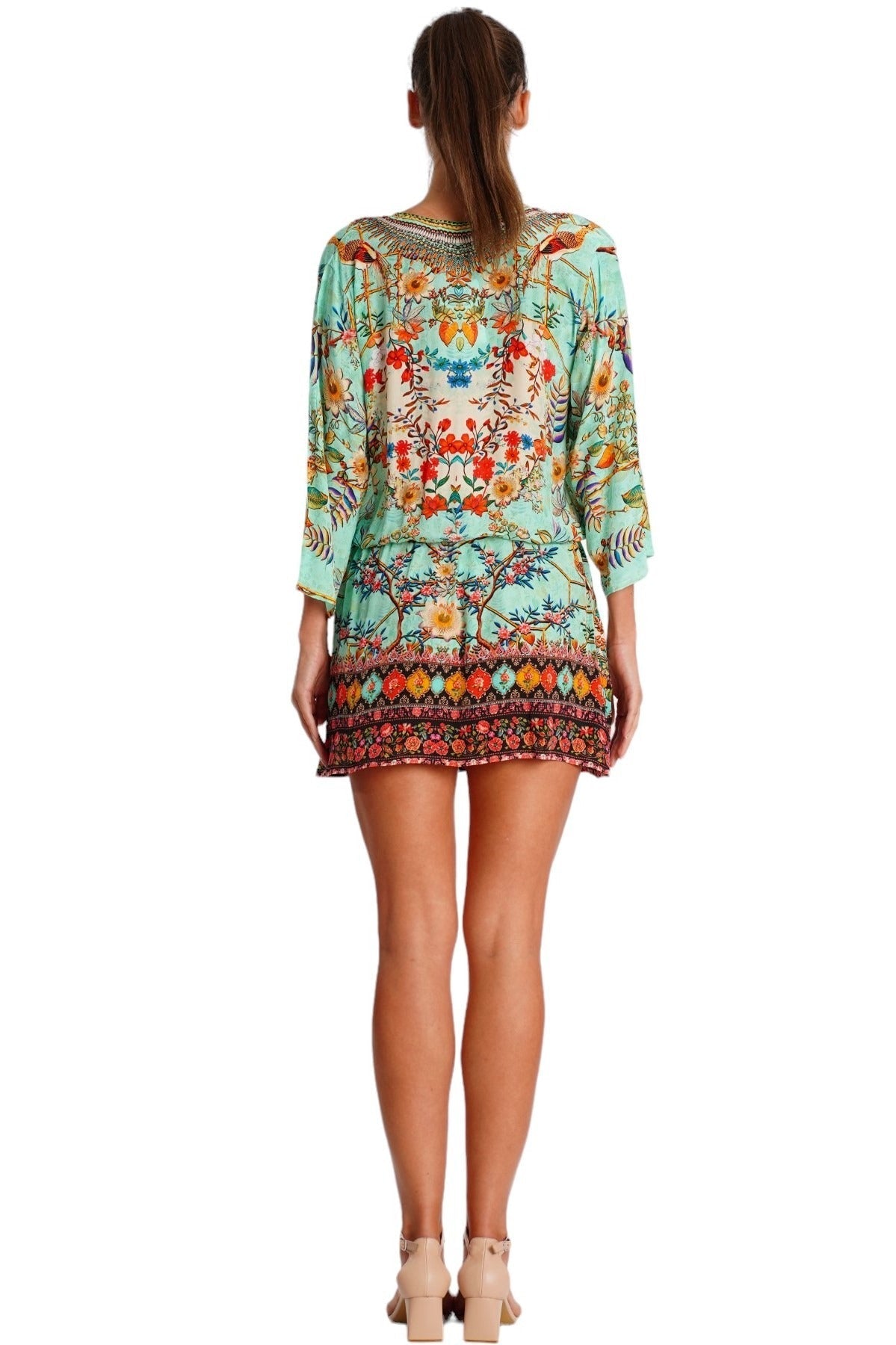 Green Floral Boho Mini Dress – Botanical Print Vacation Dress - Side View | Club Moda USA
