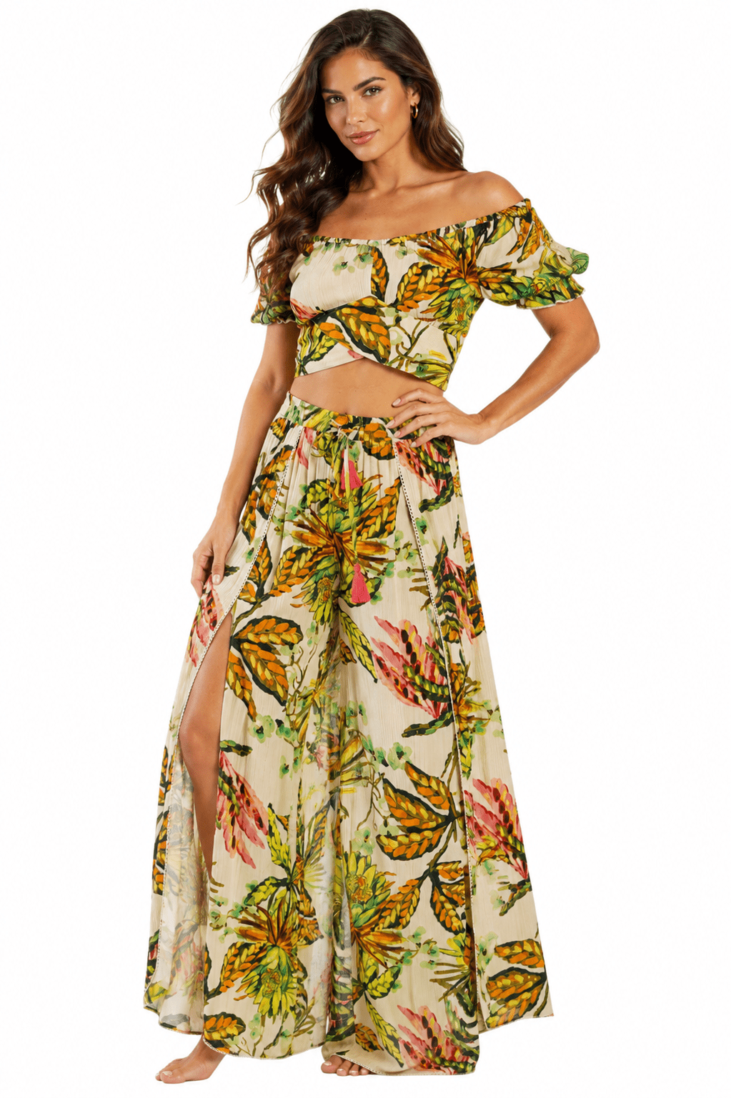 Green jungle-leaf crop top and wide-leg pants set by Club Moda — back view