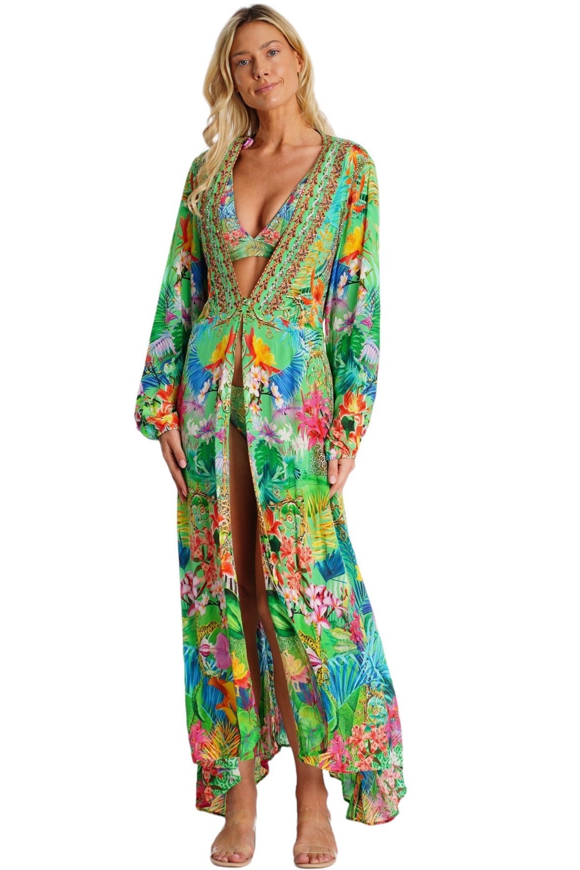 Green Tropical Embellished Long Beach Kimono - front view - Club Moda USA luxury resort wear