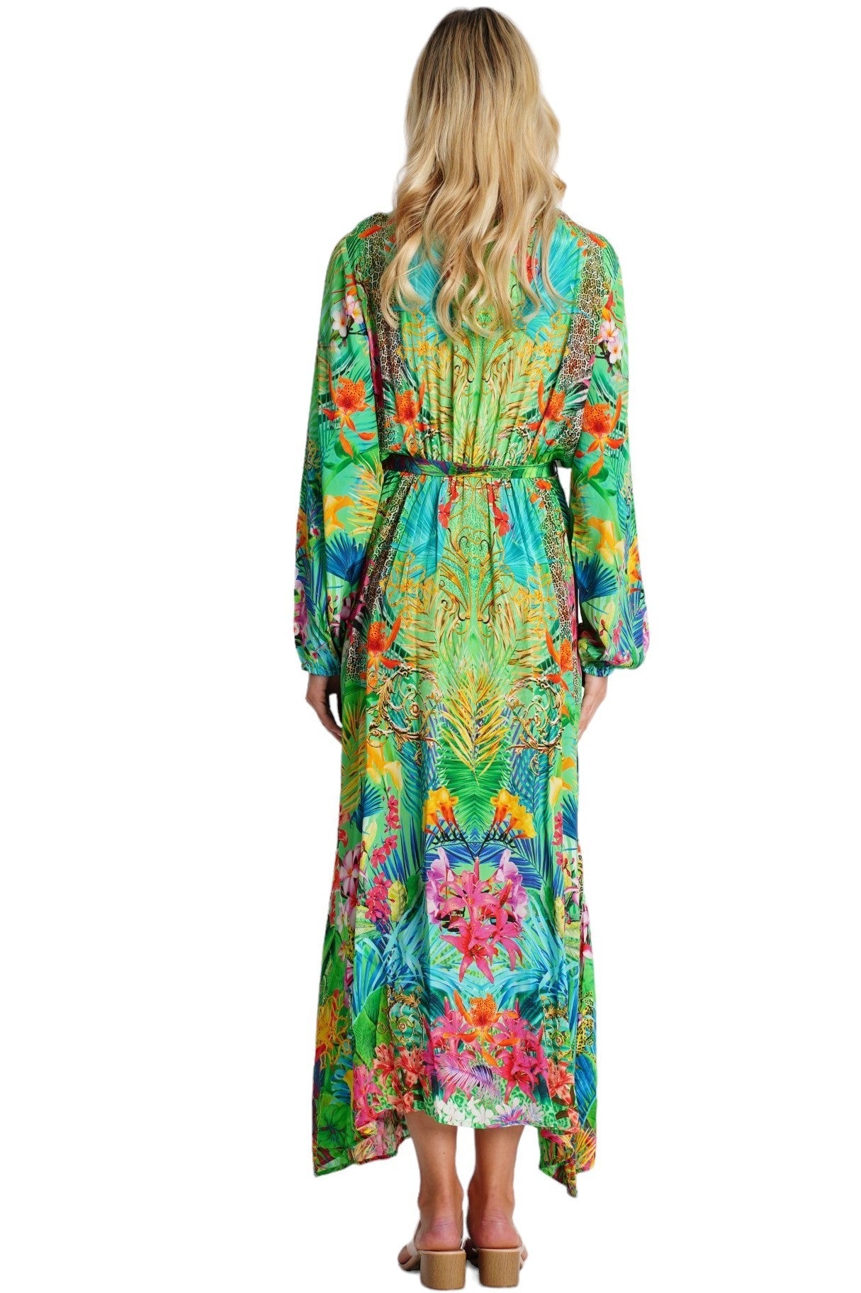 Green Tropical Embellished Long Beach Kimono - detail close-up - Club Moda USA vacation dress