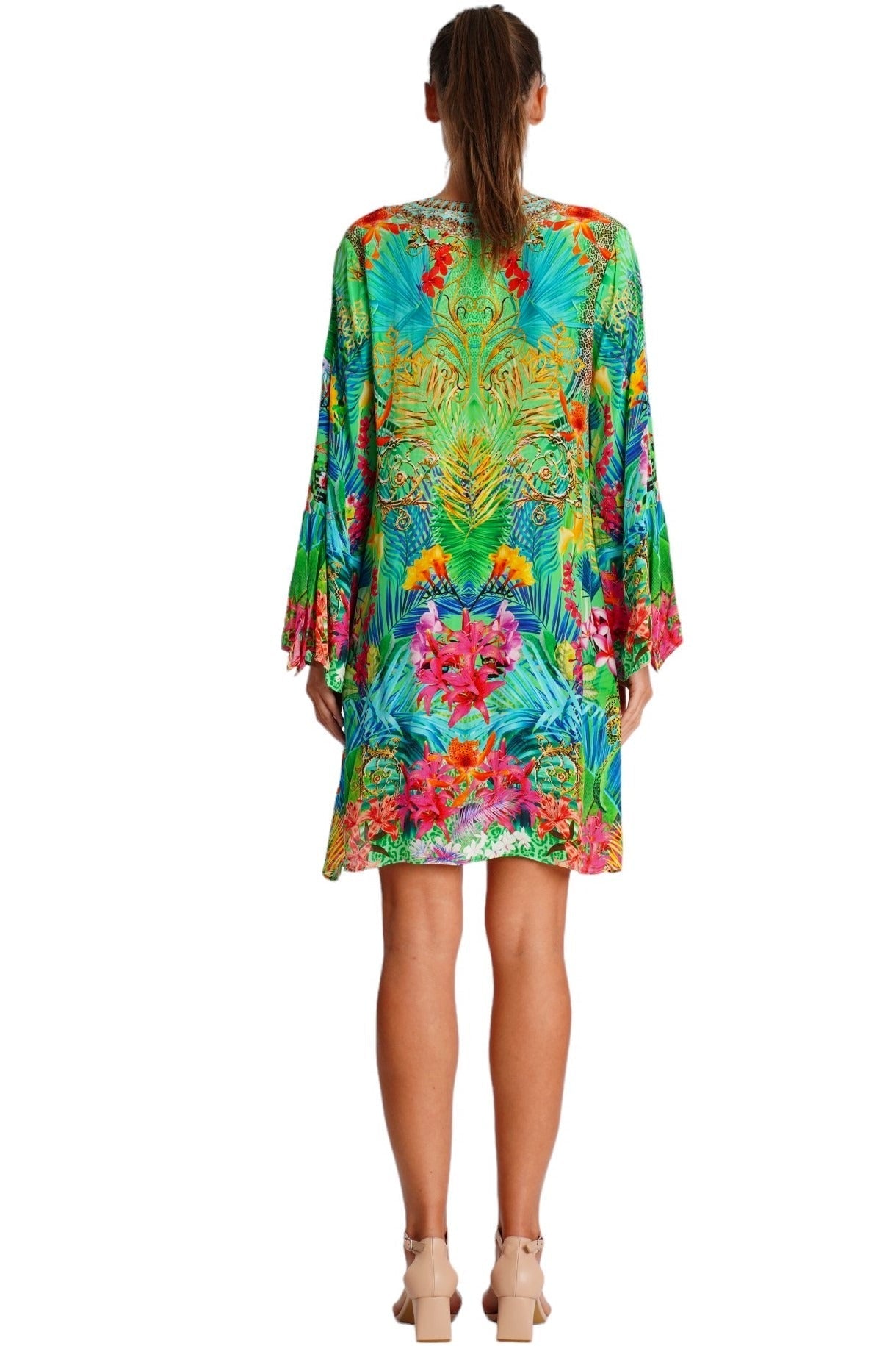 Green Tropical Floral Bell-Sleeve Mini Dress - detail close-up - Club Moda USA vacation dress