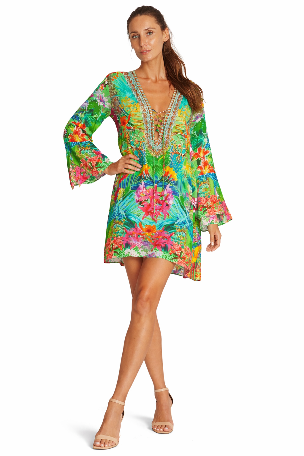 Green Tropical Floral Bell-Sleeve Mini Dress - front view - Club Moda USA luxury resort wear