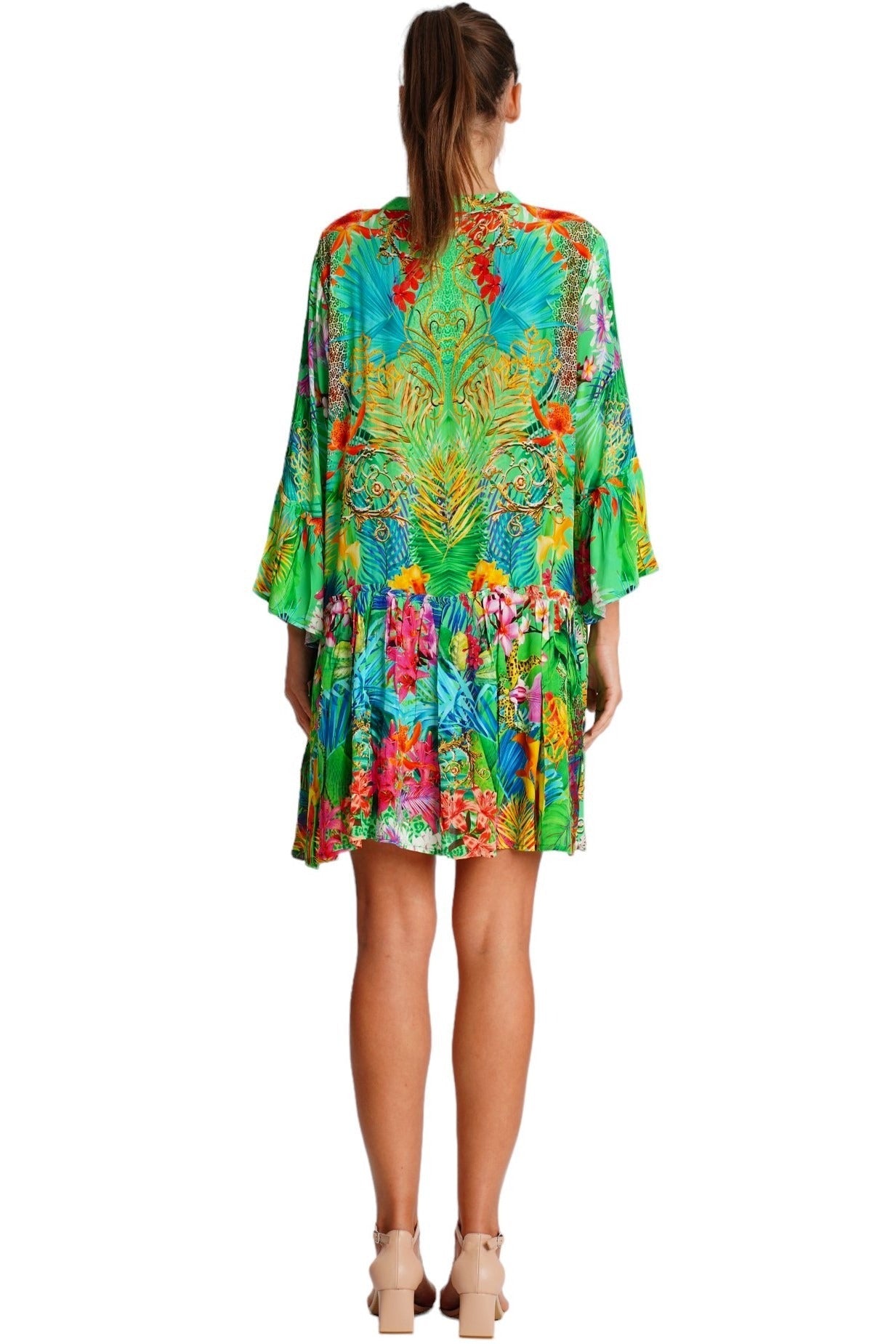 Green Tropical Floral Tiered Mini Dress - detail close-up - Club Moda USA vacation dress