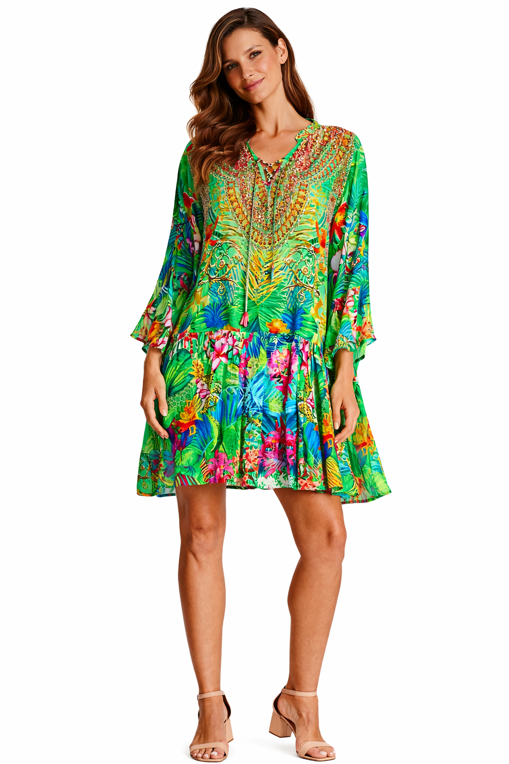 Green Tropical Floral Tiered Mini Dress - front view - Club Moda USA luxury resort wear