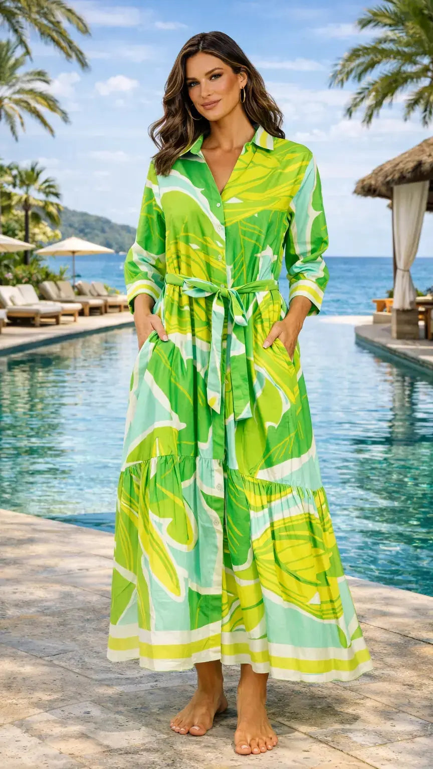 Green Tropical Maxi Shirt Dress – Luxury Resort Wear Vacation Dress - Premium Resort Wear | Luxury Maxi Dress for Vacation & Cruise | Club Moda