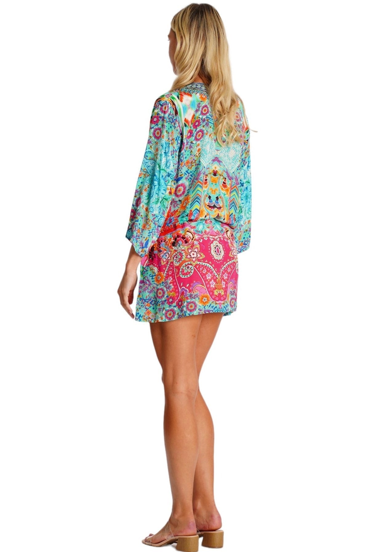 Hot Pink Tropical Mini Dress – Abstract Print Boho Beach Dress - Designer Mini Dress | Elegant Kaftan Cover Up Dress | Club Moda USA