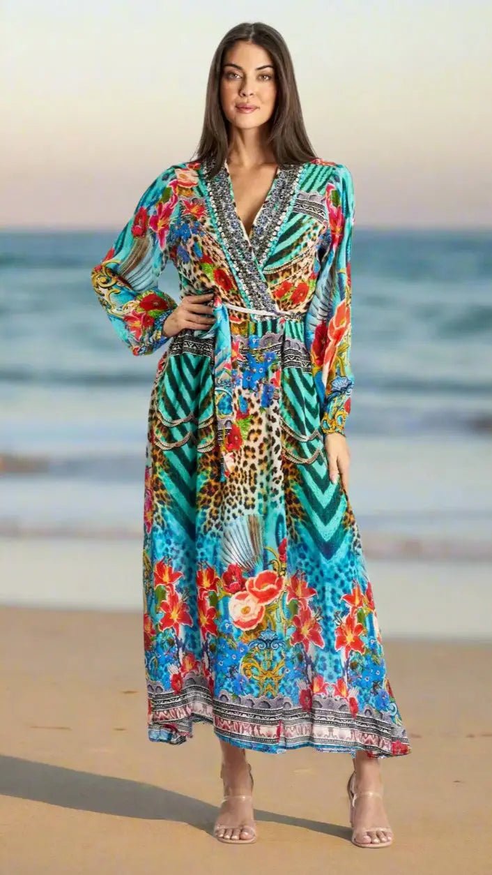 Kimono Wrap Dress - Designer Kimono | Elegant Kaftan Cover Up Dress | Club Moda USA