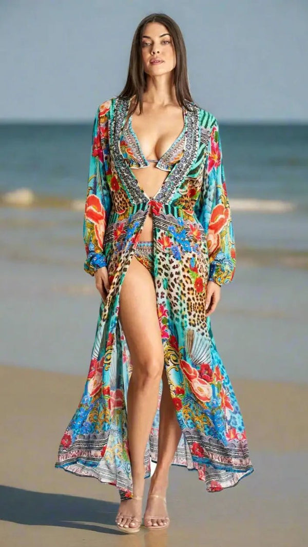 Wrap kimono worn open as a light resort layer