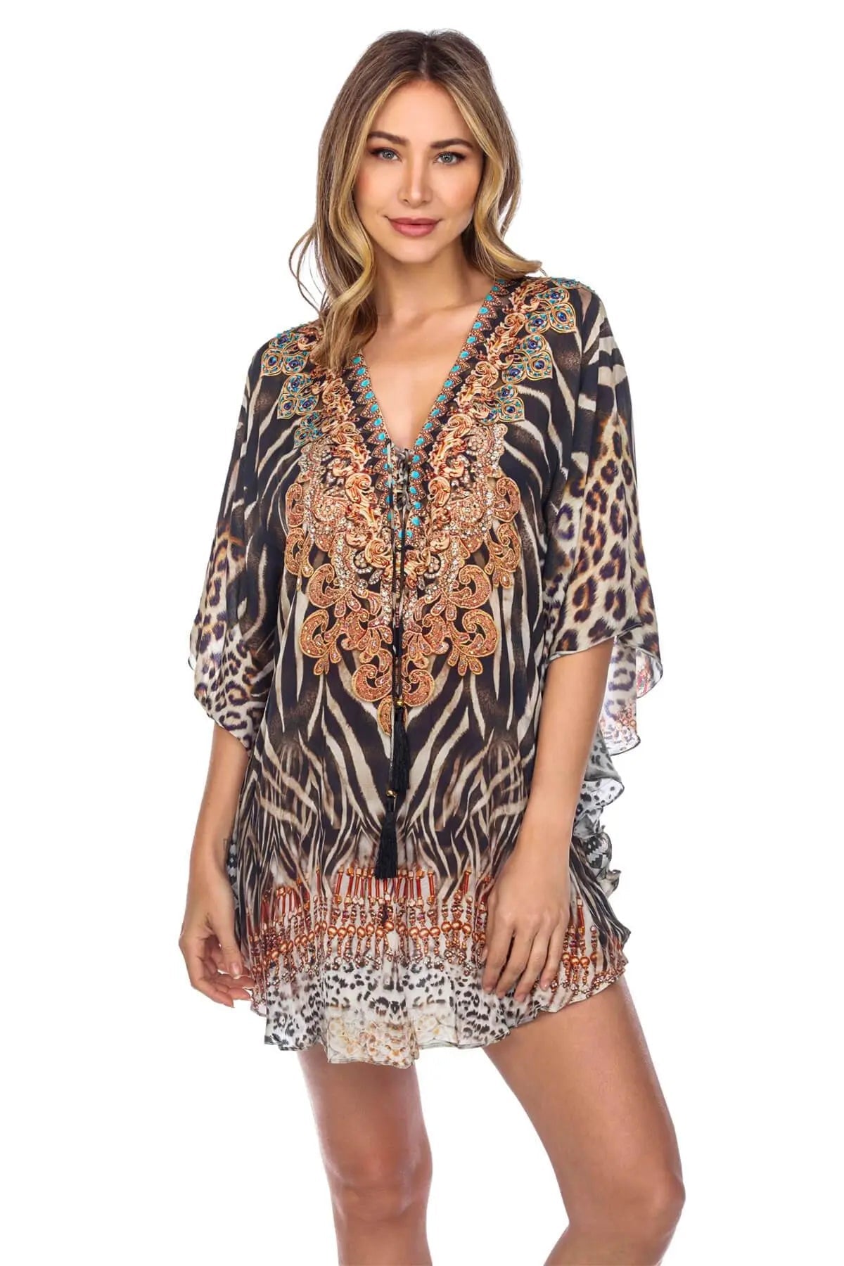 Lightweight Caftan Dress/Cover Up with V-Neck Jewels - La Moda Clothings