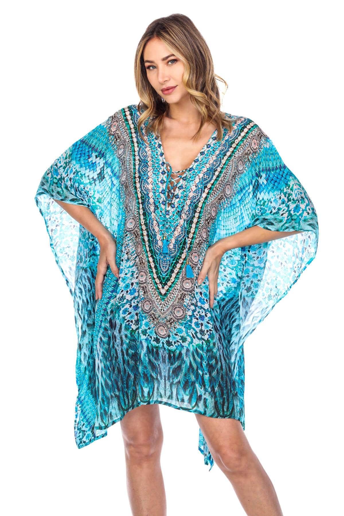 V Neck Printed Short Caftan Dress/Cover Up in Silk - La Moda Clothings