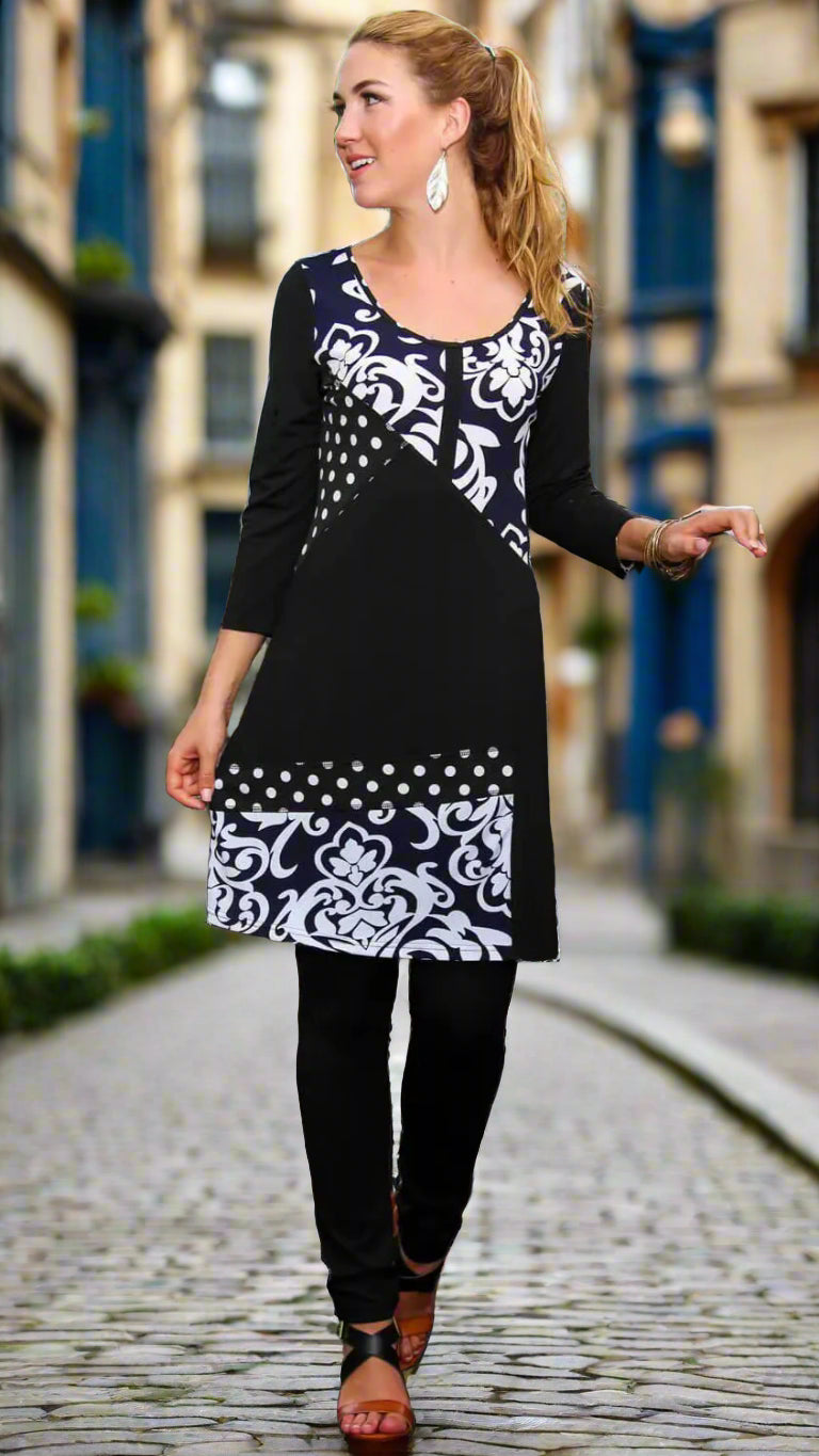 Black and White Printed Tunic Dress Wholesale | Miami Clothing Wholesale - La Moda Clothings