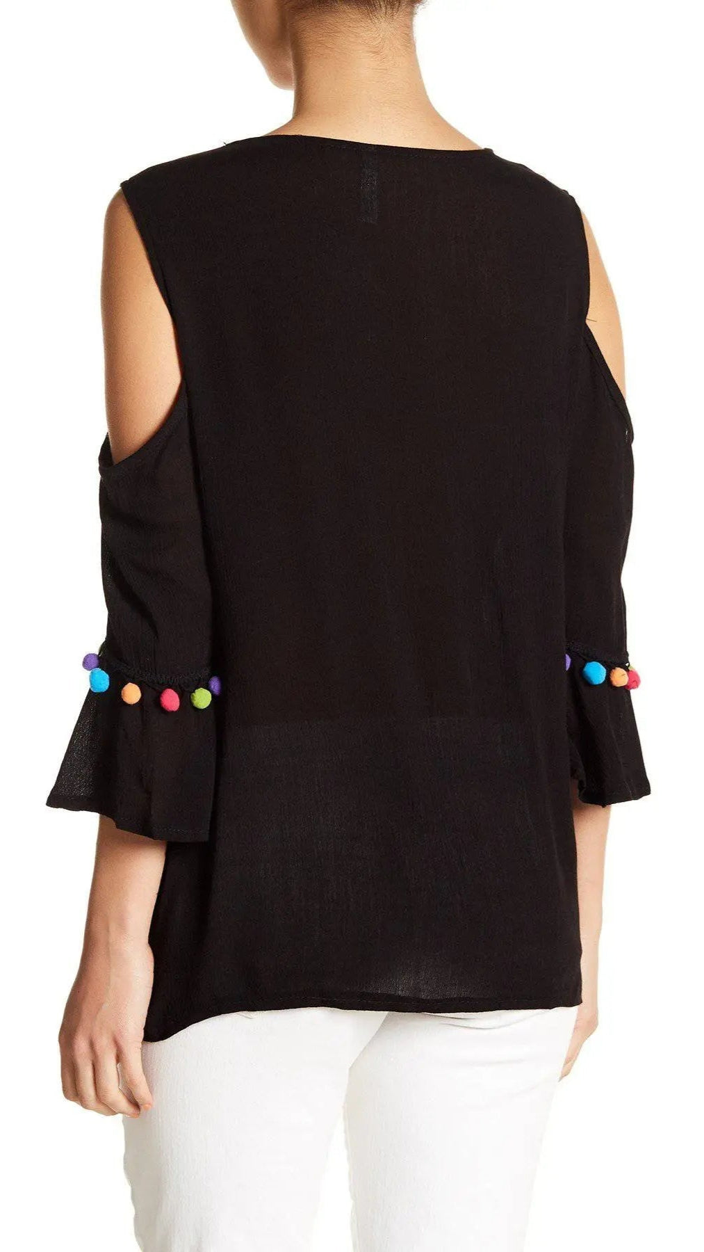 Black Embroidered Cold Shoulder Top with Colorful Pompoms - La Moda Clothings