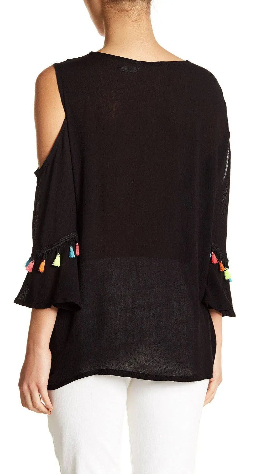 Black Embroidered Cold ShoulderTop with Colorful Tassels - La Moda Clothings