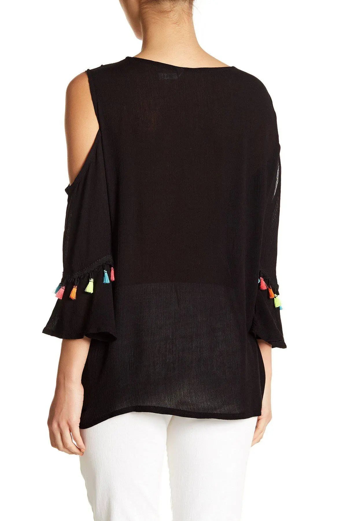 Black Embroidered Cold ShoulderTop with Colorful Tassels - La Moda Clothings