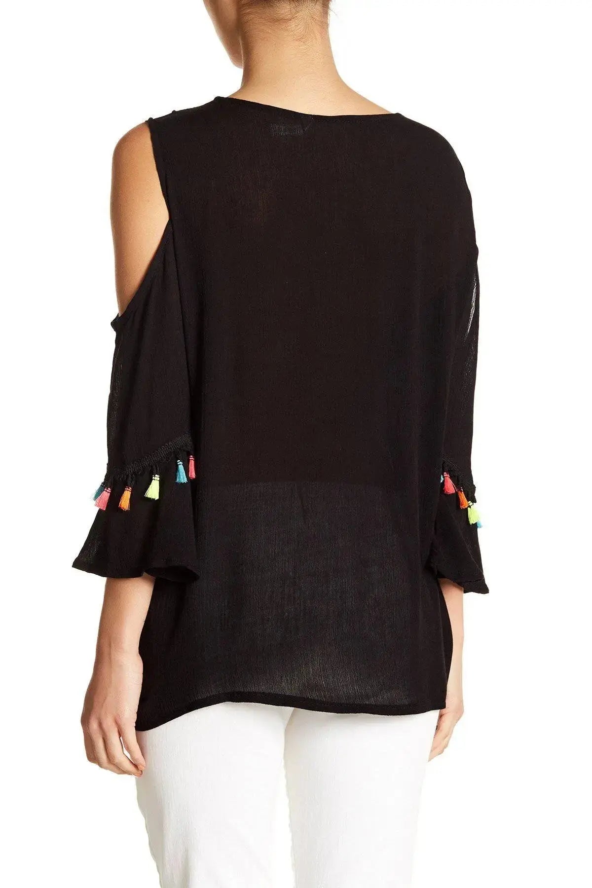 Black Embroidered Cold ShoulderTop with Colorful Tassels - La Moda Clothings