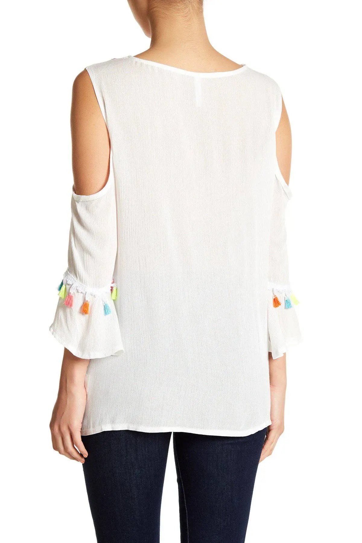 Black Embroidered Cold ShoulderTop with Colorful Tassels - La Moda Clothings