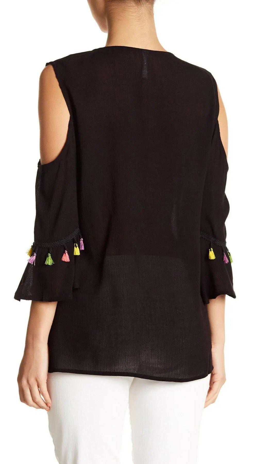 Embroidered Cold ShoulderTop with Colorful Tassels - La Moda Clothings