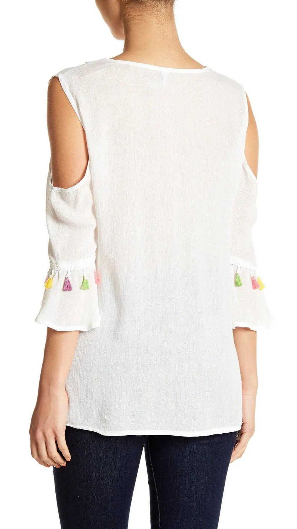 Embroidered Cold ShoulderTop with Colorful Tassels - La Moda Clothings