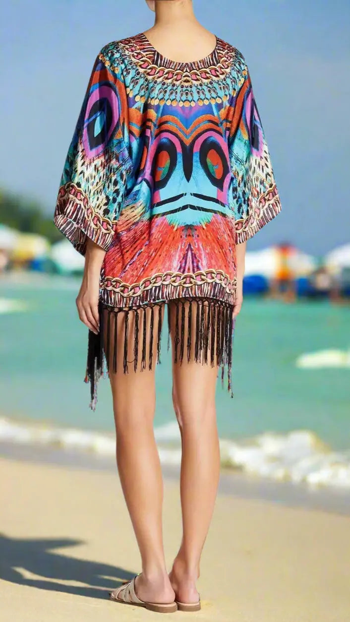 La Moda Bright Peacock Fringe Kaftan 17017 FK - La Moda Clothings