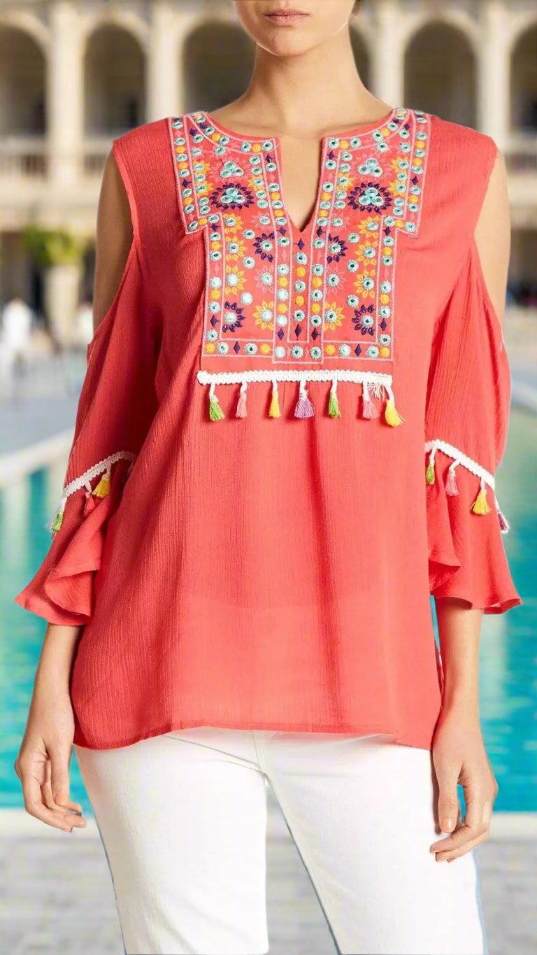 Embroidered Cold ShoulderTop with Colorful Tassels - La Moda Clothings