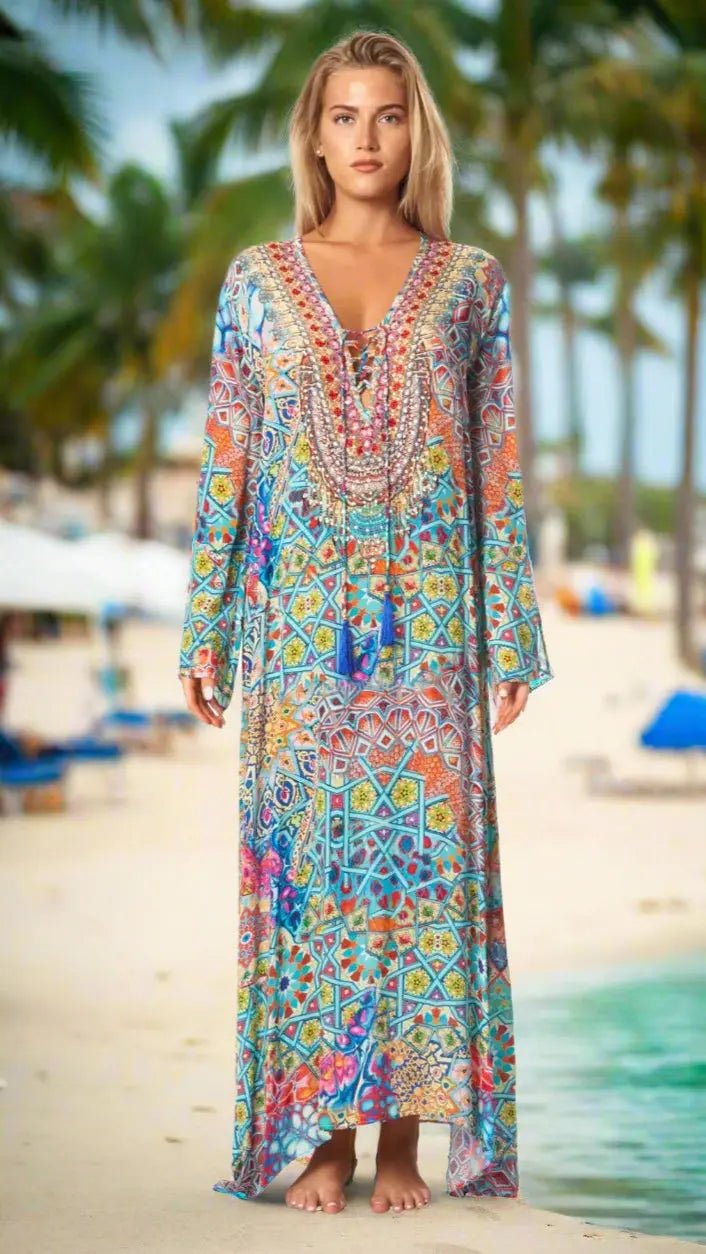 Long Snake-Print Sleeved Caftan - Designer Caftan | Elegant Kaftan Cover Up Dress | Club Moda USA