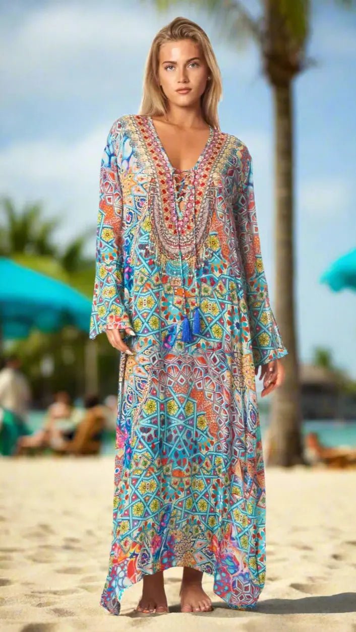 Long Snake-Print Sleeved Caftan - Premium Resort Wear | Luxury Caftan for Vacation & Cruise | Club Moda