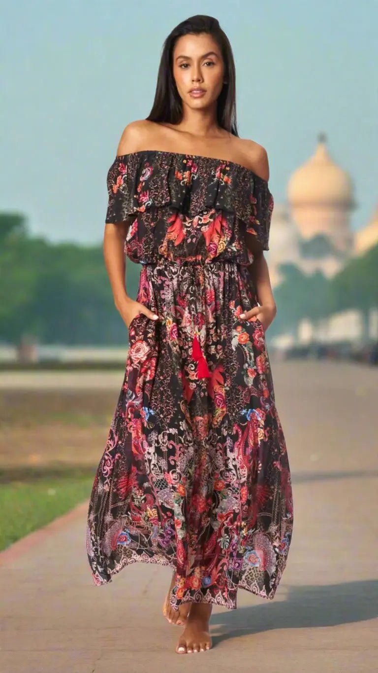 Off-Shoulder Animal-Print Maxi - Designer Maxi Dress | Elegant Kaftan Cover Up Dress | Club Moda USA