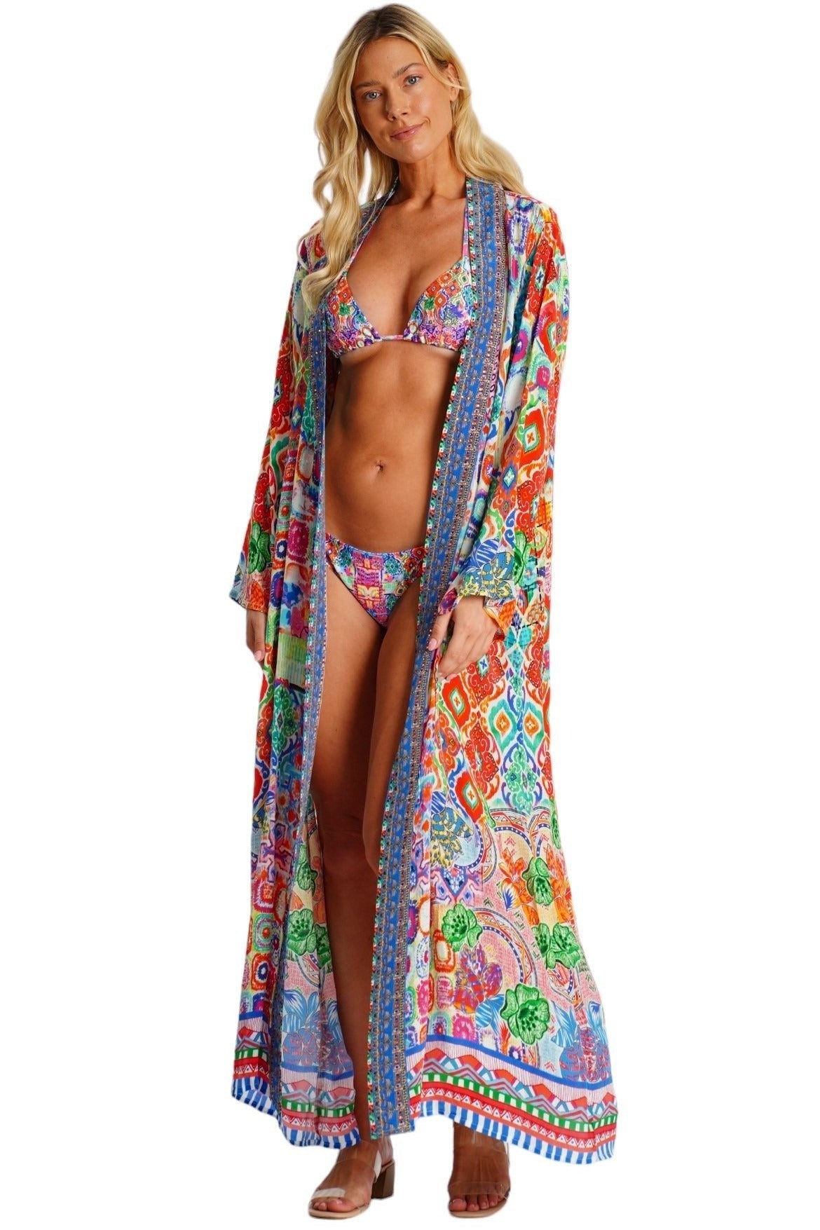 Long Printed Kimono Cover Up – Colorful Bohemian Beach Robe - Back View | Club Moda USA