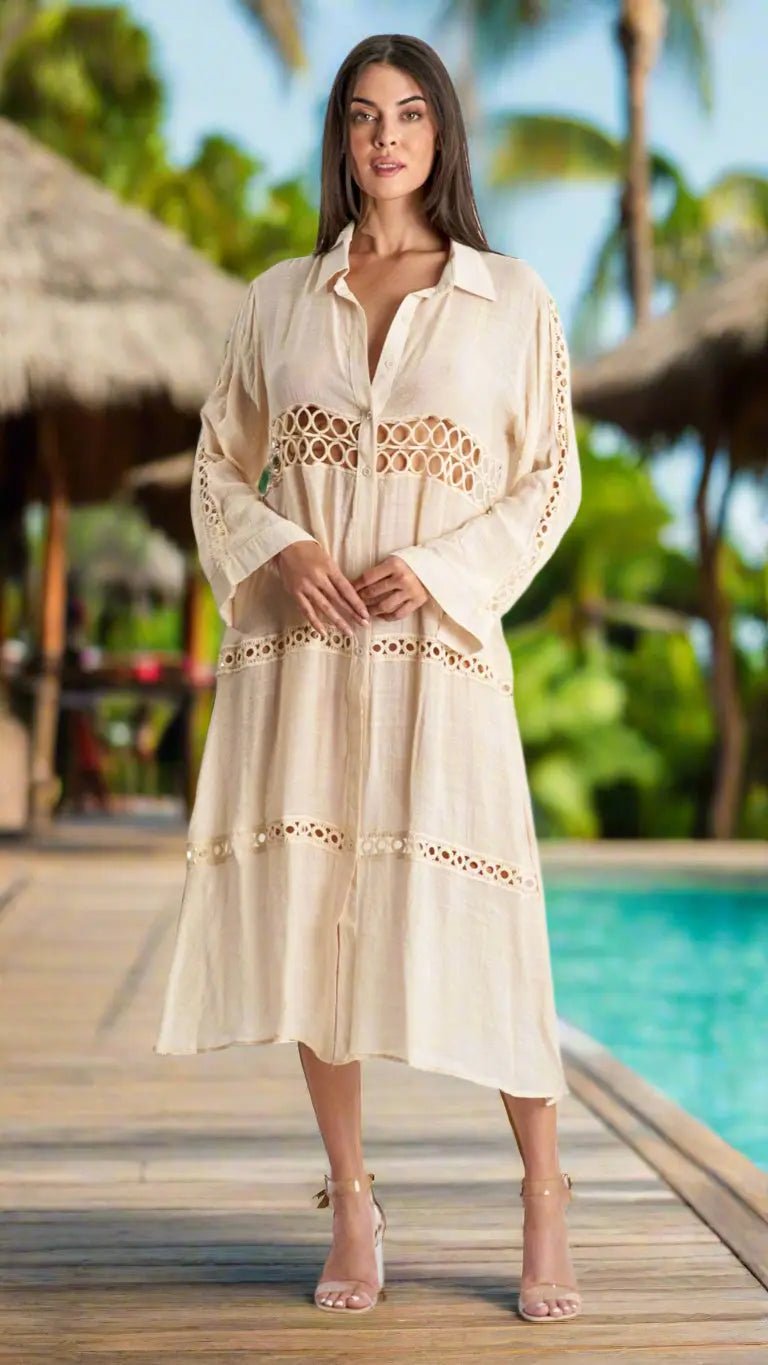 Long-Sleeve Rayon Shirtdress Cover-Up - Designer Shirt Dress | Elegant Kaftan Cover Up Dress | Club Moda USA