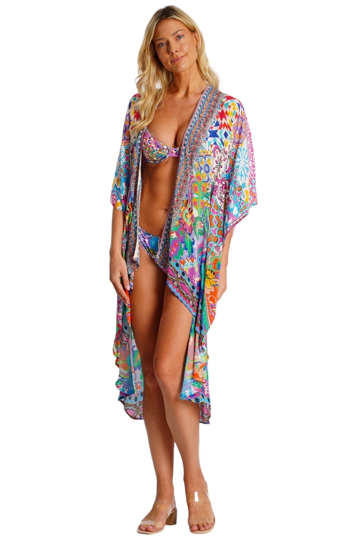 Tropical-print sarong beach cover-up that wraps at the waist, further view