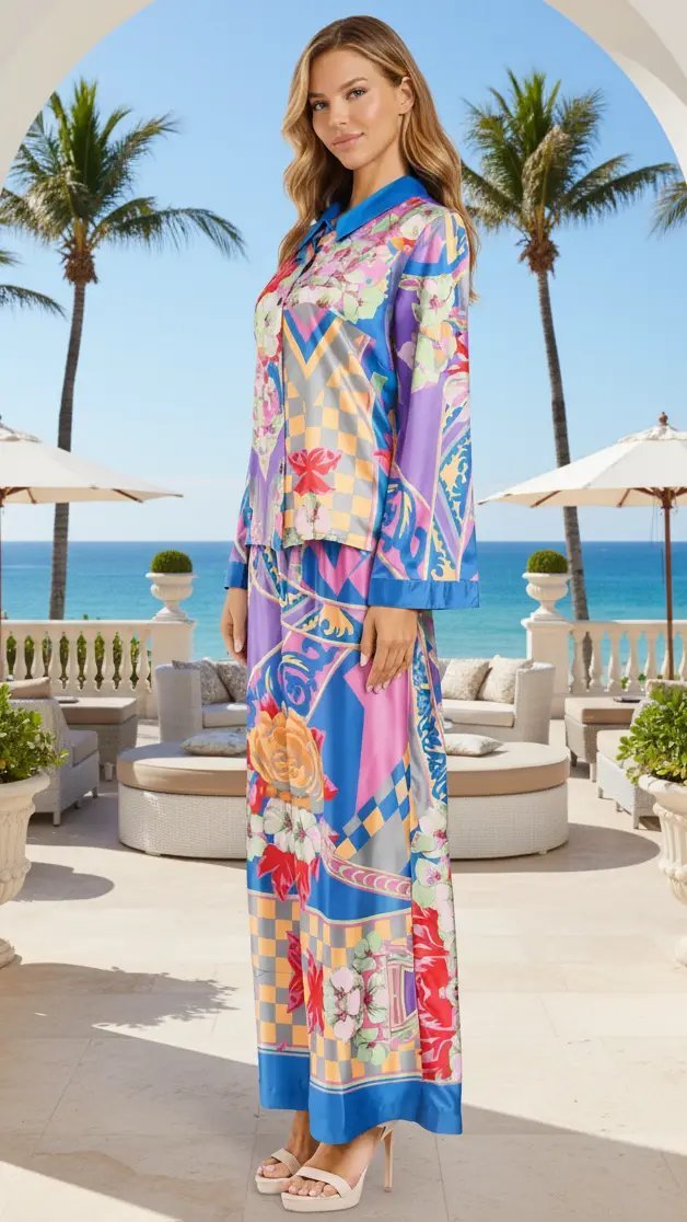 Luxury Resort Shirt & Palazzo Pants Set - Designer Co-ord Set | Elegant Kaftan Cover Up Dress | Club Moda USA