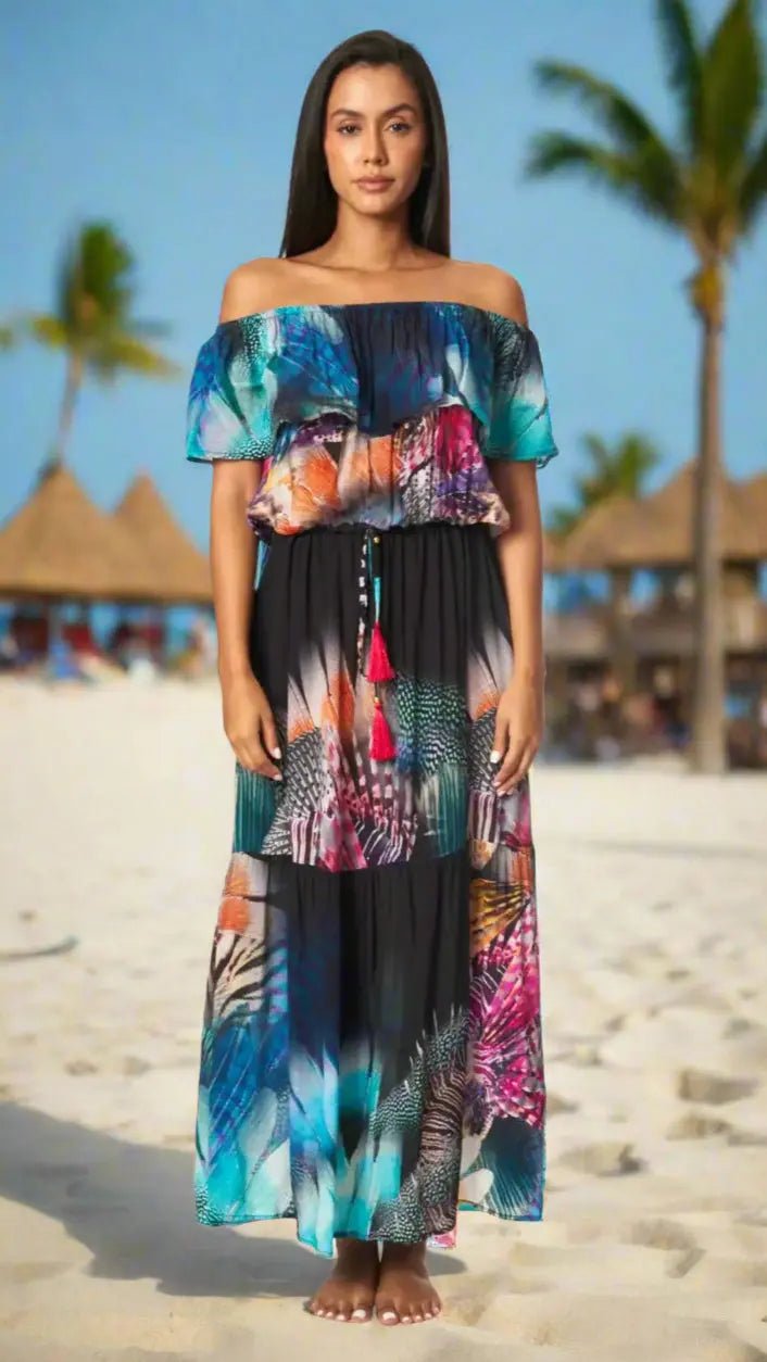 Maxi Long Off‑The‑Shoulder Dress - Designer Maxi Dress | Elegant Kaftan Cover Up Dress | Club Moda USA