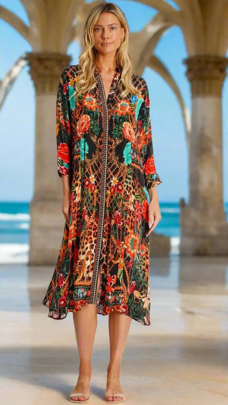 Midi Shirt Dress - Designer Shirt Dress | Elegant Kaftan Cover Up Dress | Club Moda USA