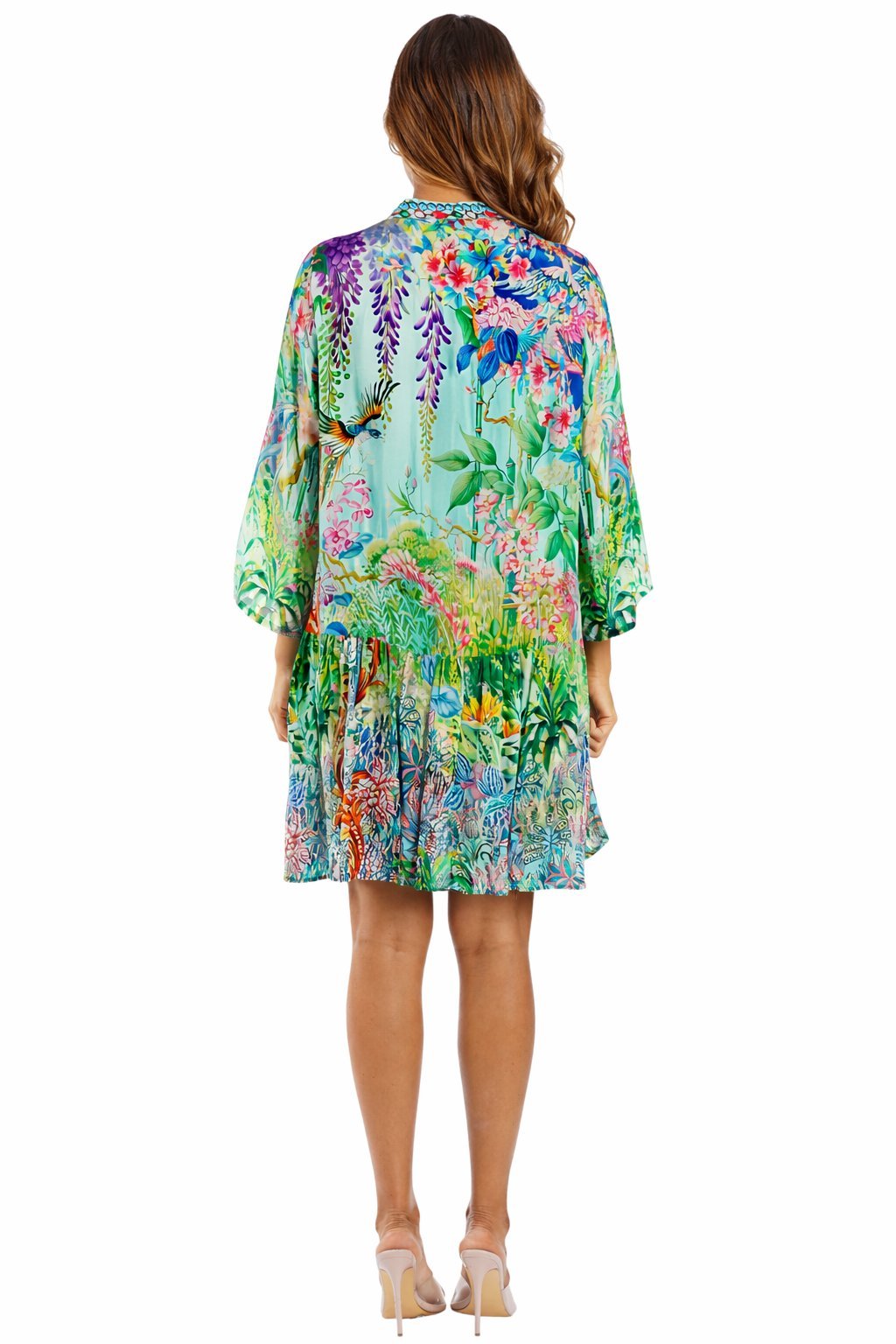 Mint Green tropical botanical butterfly print kaftan tunic beach cover-up — side detail | Shop boho resort dresses at Club...