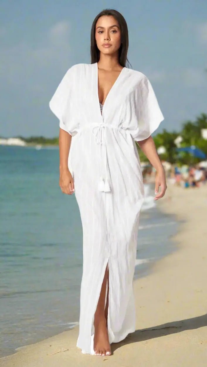Moda Long Kaftan-Style White Beachwear Cover Up - Designer Caftan | Elegant Kaftan Cover Up Dress | Club Moda USA