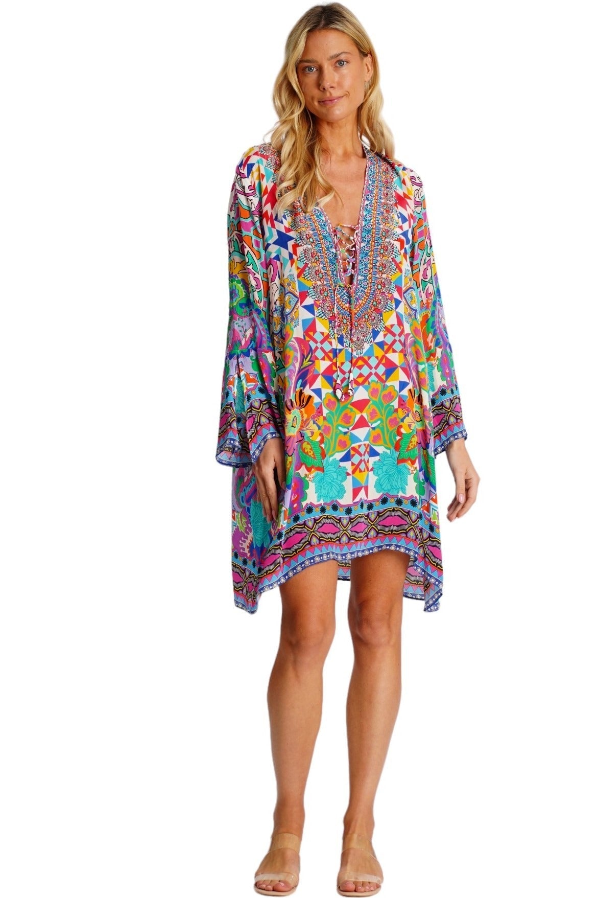 Multicolor Kaleidoscope Mosaic Kaftan Mini Dress - front view - Club Moda USA luxury resort wear