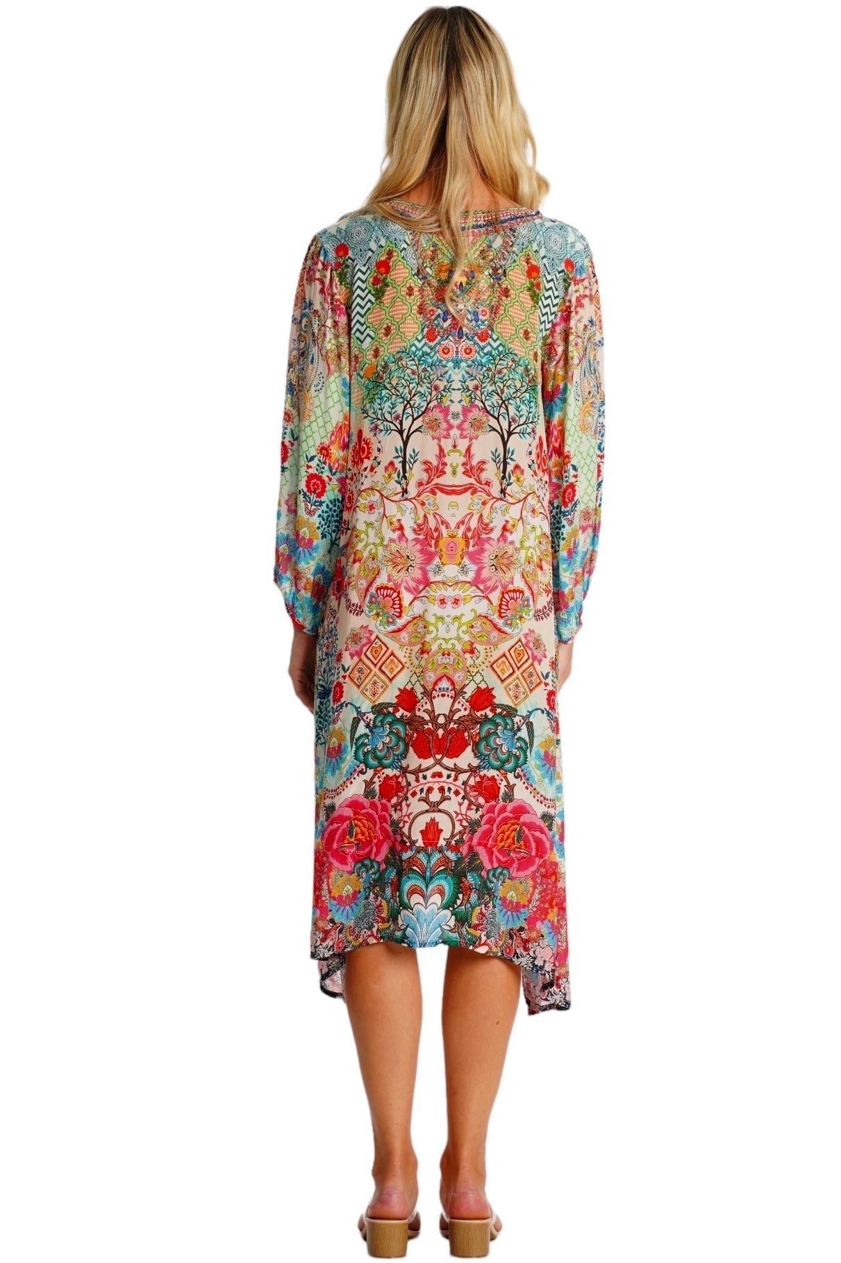 Multicolor Paisley Baroque Kaftan Midi Dress - detail close-up - Club Moda USA vacation dress