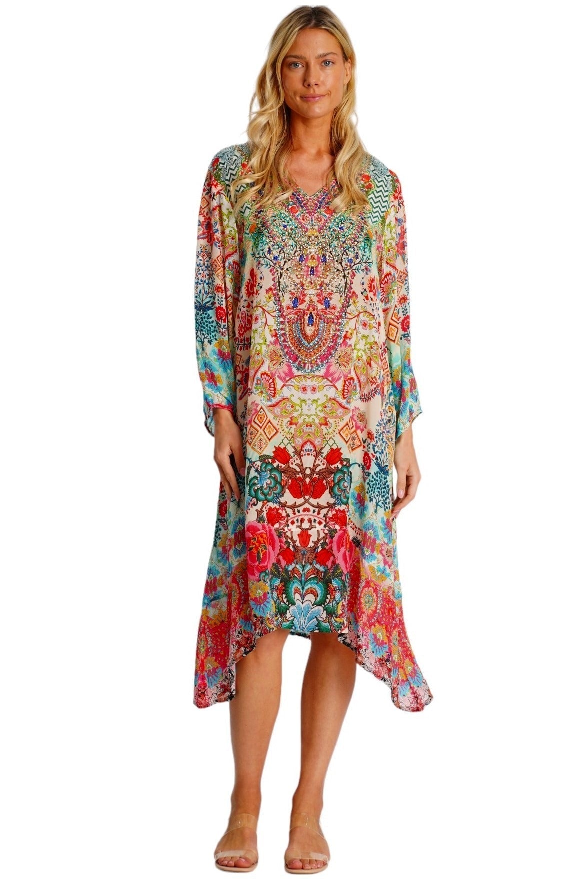 Multicolor Paisley Baroque Kaftan Midi Dress - front view - Club Moda USA luxury resort wear
