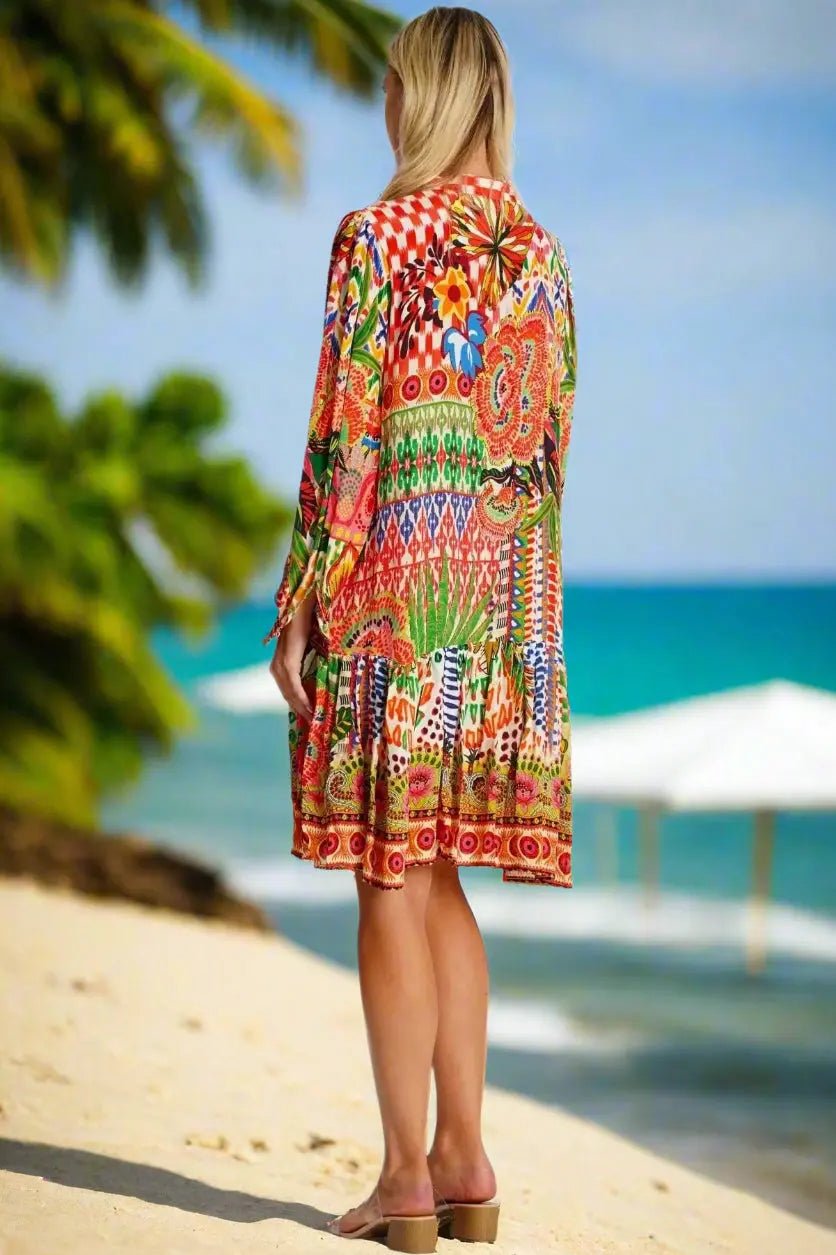 Natalie Tropical Shirtdress - Designer Shirt Dress | Elegant Kaftan Cover Up Dress | Club Moda USA
