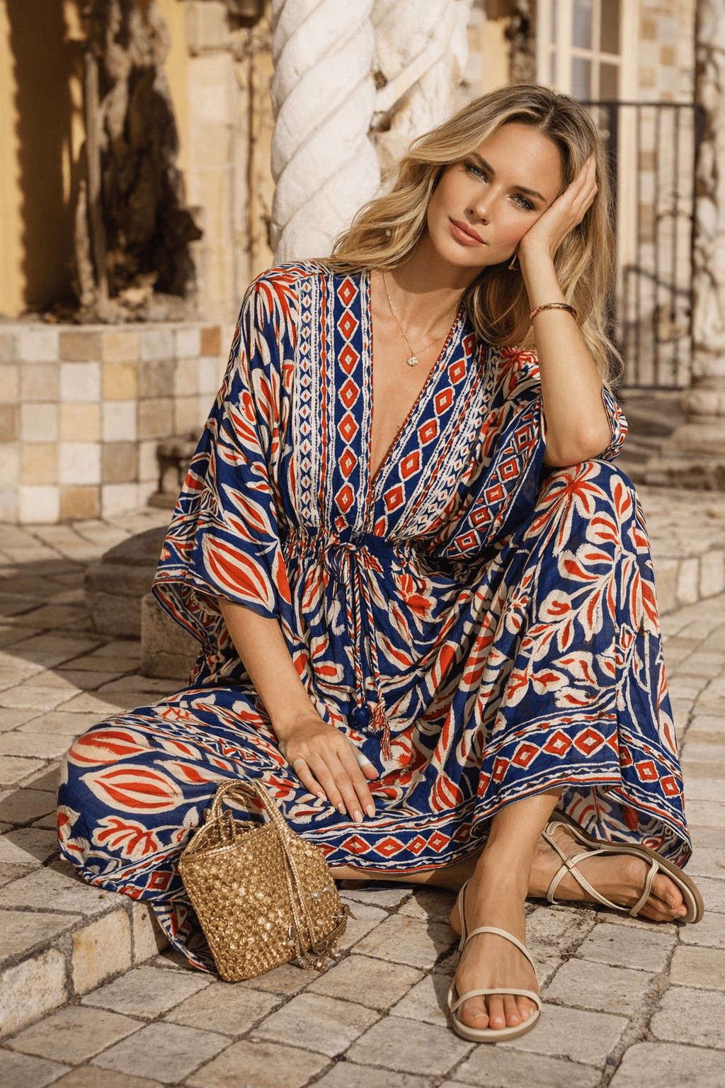 Navy Folk-Print V-Neck Kimono-Sleeve Maxi Caftan Dress — Resort Cover-Up - Premium Resort Wear | Luxury Caftan for Vacation & Cruise | Club Moda
