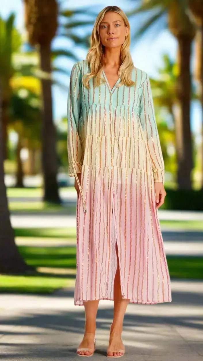 Ombre Button Front Shirt Dress — Embroidered Beach Cover Up - Designer Shirt Dress | Elegant Kaftan Cover Up Dress | Club Moda USA