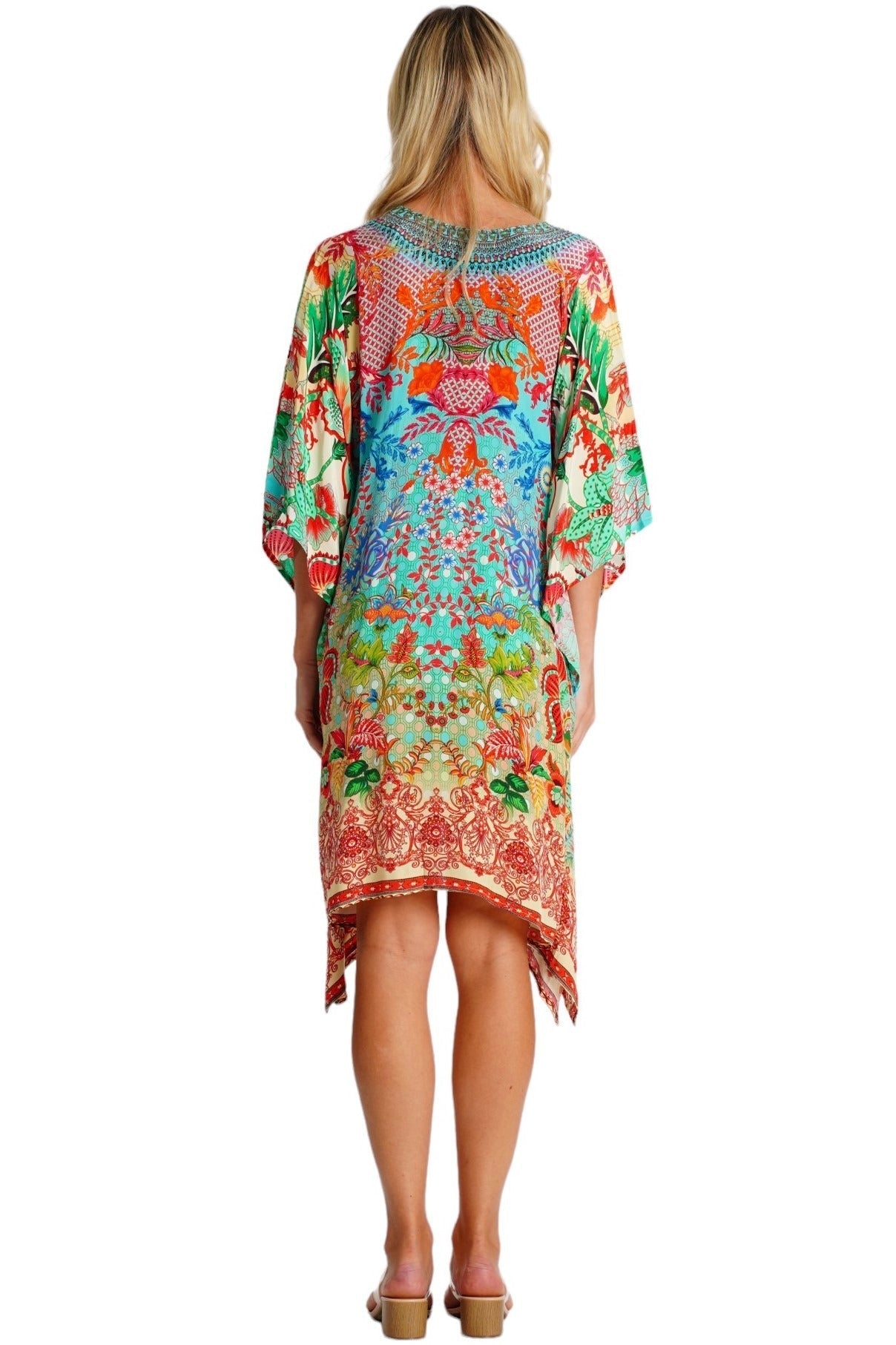 Ornately printed kaftan dress, shown from another angle