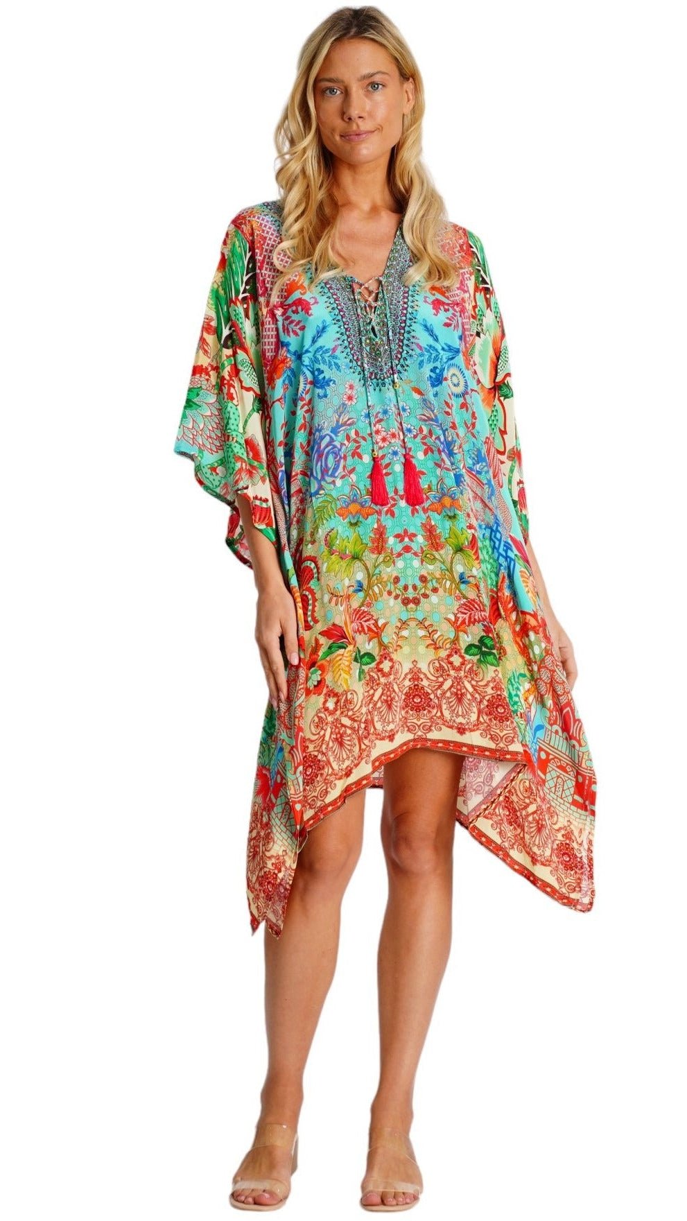 Ornately printed kaftan dress with a long silhouette, additional view