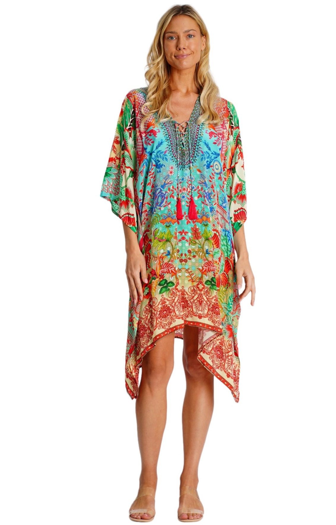 Ornately printed kaftan resort dress, further product view