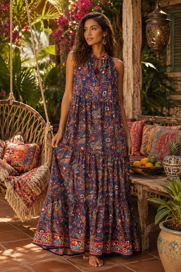 Boho print maxi beach dress cut for warm-weather beach days