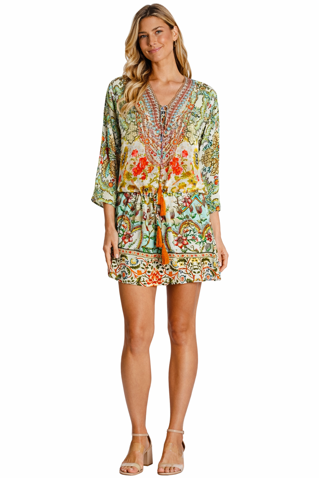 Pastel Botanical Mini Dress – Floral Print Resort Tunic Dress - Detail View | Club Moda USA