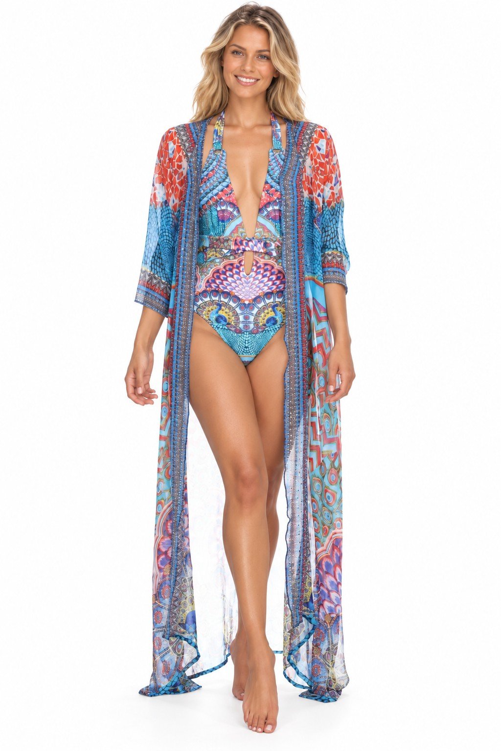 Club Moda long kimono cover-up front view on white background - sheer peacock print with embellished V-neck trim and 3/4 sleeves, SKU 201007-LC