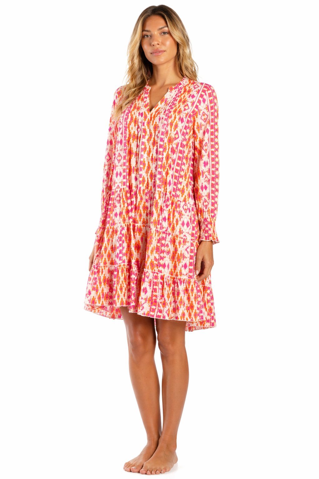 Pink Ikat Chevron Print Long-Sleeve Tiered Boho Mini Dress - Designer Mini Dress | Elegant Kaftan Cover Up Dress | Club Moda USA
