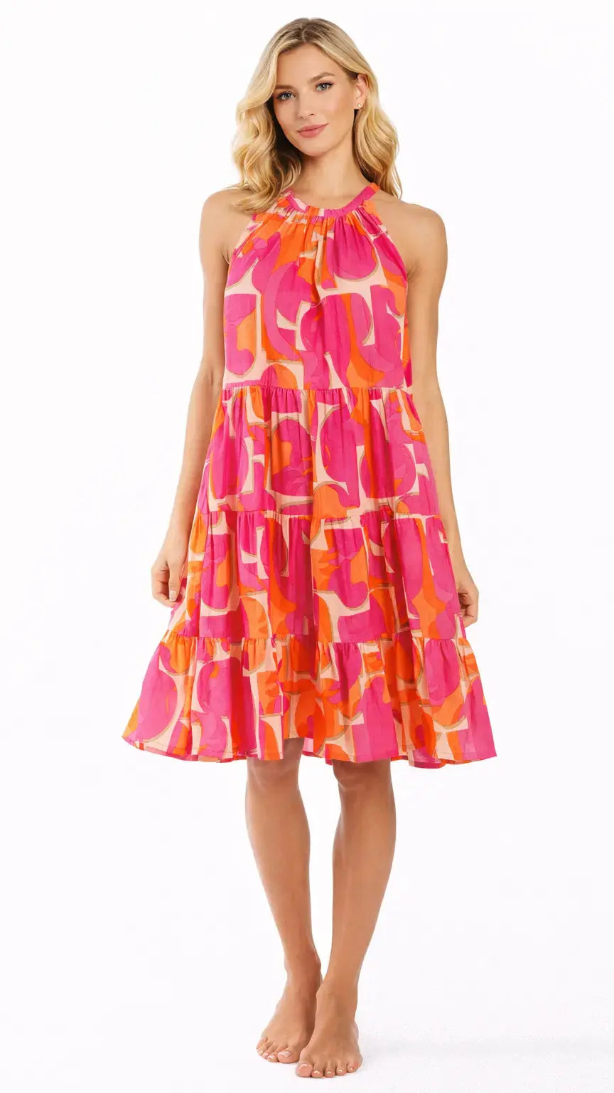 Pink Orange Halter Mini Dress | Resort Wear Tiered Summer Dress Club Moda Mini Dress