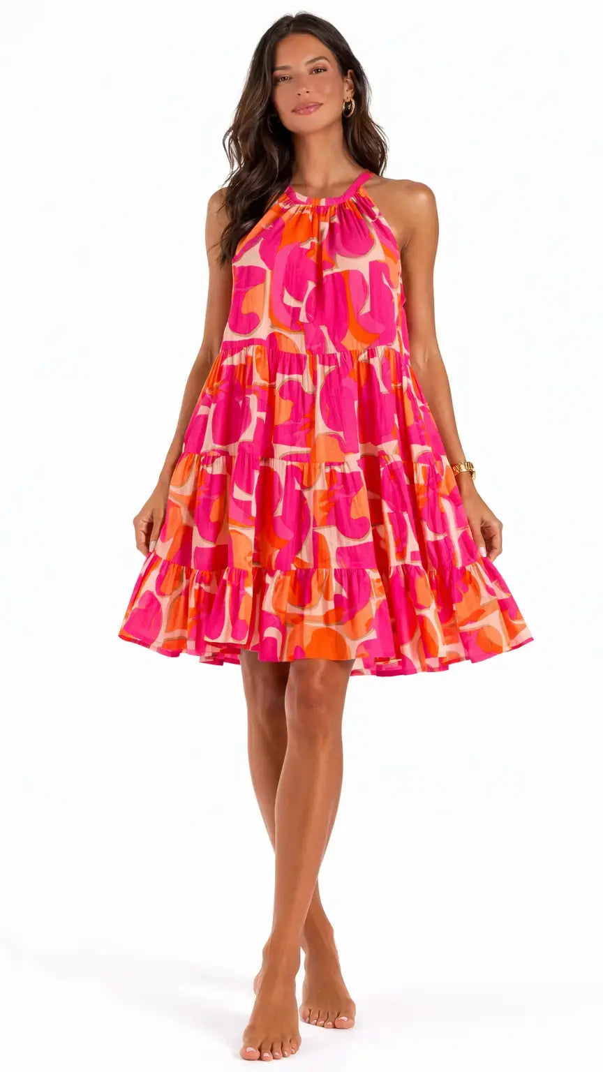 Pink Orange Halter Mini Dress | Resort Wear Tiered Summer Dress Club Moda Mini Dress